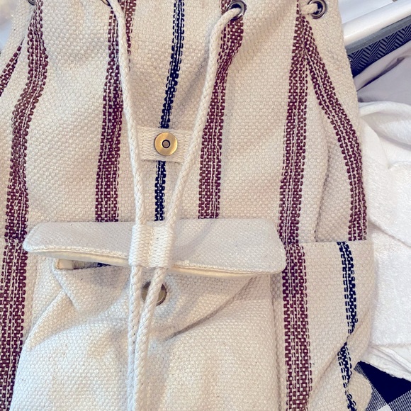 Universal Thread Drawstring Flap Backpack Tweed Striped Beige/Brown/Black Cotton - Picture 2 of 9